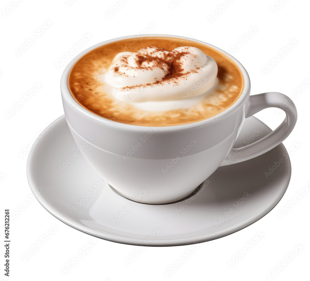 White cup of Coffee with rich cream and foam on transparent background. top view. - Generative AI White cup of Coffee with rich cream and foam on transparent background. top view. - Generative AI