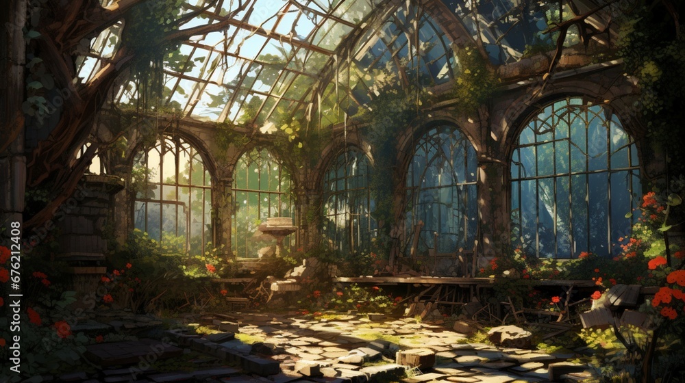 a hair-raising, ancient, and overgrown greenhouse with twisted flora, shattered glass, and a sense of unnatural life