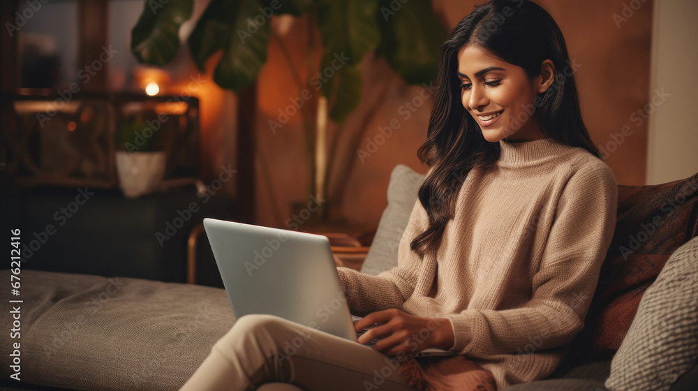 Fototapeta premium young woman work on laptop at home