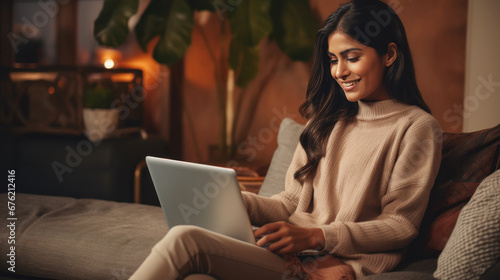 young woman work on laptop at home photo