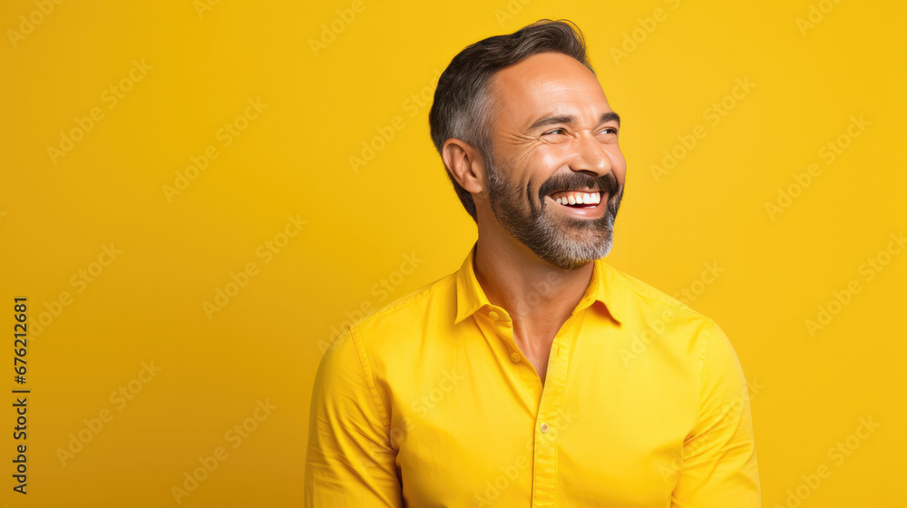Happy ultra handsome Caucasian middle aged man, smiling and laughing, wearing a Bright solid yellow shirt Happy ultra handsome Caucasian middle aged man, smiling and laughing, wearing a Bright solid yellow shirt