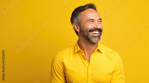 Happy ultra handsome Caucasian middle aged man  smiling and laughing  wearing a Bright solid yellow shirt