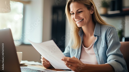 Smiling businesswoman reading financial document and using laptop on desk while working from home. effective telecommuting concept. generative AI photo