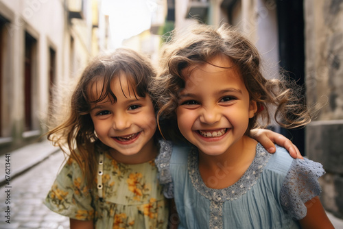 Two little girl child smiling together
