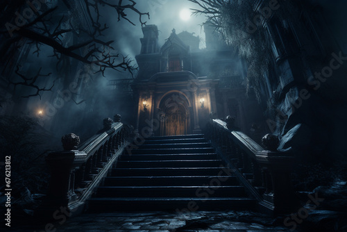 Haunted Night Eerie Mansion Staircase Shrouded in Fog  Illuminated by Ghostly Apparition