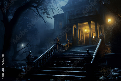 Haunted Night Eerie Mansion Staircase Shrouded in Fog, Illuminated by Ghostly Apparition