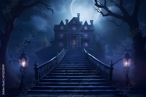 Haunted Night Eerie Mansion Staircase Shrouded in Fog  Illuminated by Ghostly Apparition