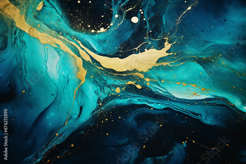 A Mesmerizing Abstract Composition of Lustrous Blue Liquid Adorned with Golden Glitters and Subtle Hues of Green, Creating a Harmonious Symphony of Shades and Splashes