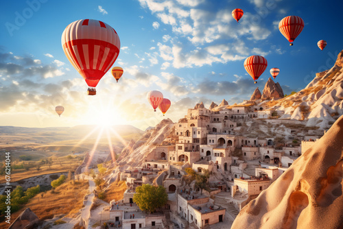 Sunset over the Ancient Town of Uchisar Castle, Landscape of Goreme National Park, Cappadocia, Turkey, Adorned with Many Hot Air Balloons in the Sky photo
