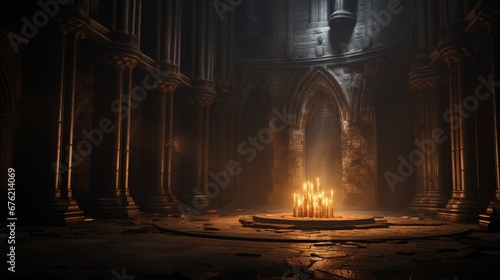 A hidden alcove within the cathedral, where flickering candlelight casts dancing shadows on ancient stone