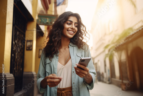 Young Indian Woman Smiles as She Walks Through the City, Juggling a Bank Credit Card and Phone for Seamless Online Booking of Accommodation and Tourist Services