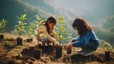 children planting plants for ecology environment