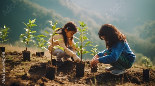 children planting plants for ecology environment photo