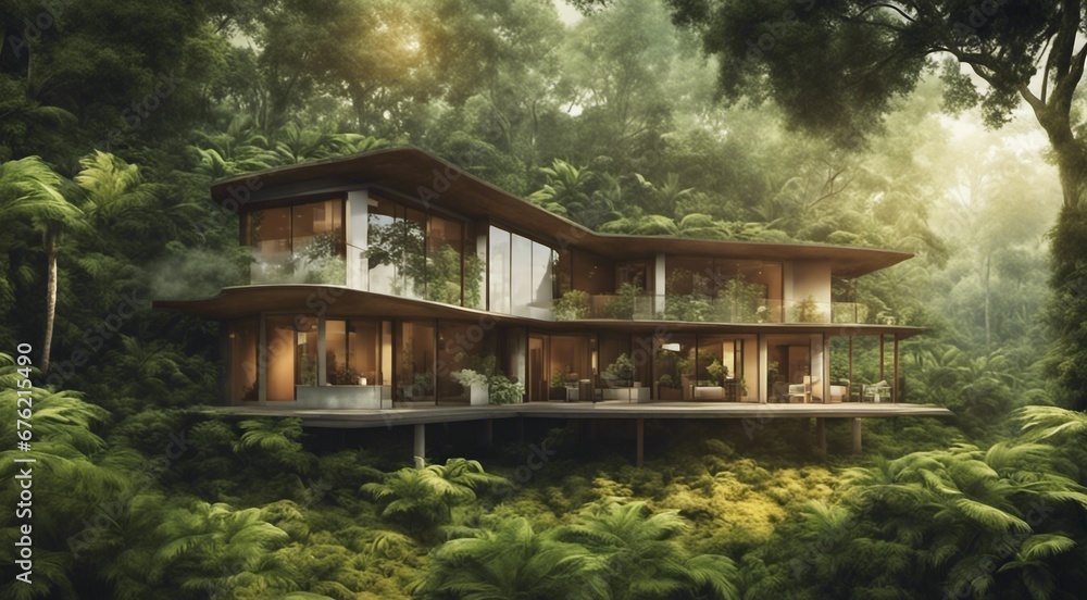 house in the woods, house in the forest, tropical forest scene, panoramic view of house in the forest