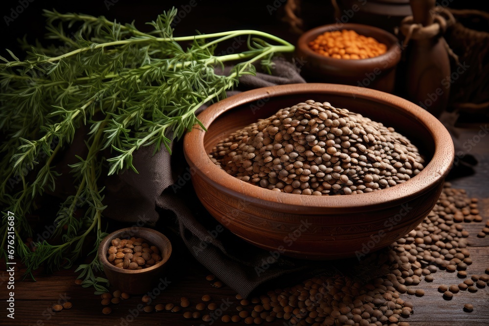 Lentils in a bowl standing on the kitchen table. Generative AI Lentils in a bowl standing on the kitchen table. Generative AI