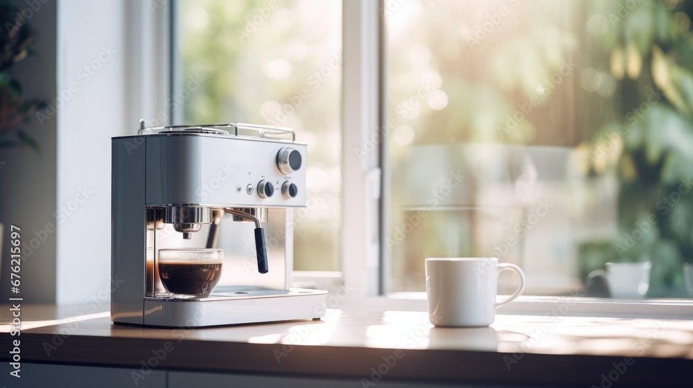 Sleek coffee machine enhances kitchen aesthetics. Generative AI Sleek coffee machine enhances kitchen aesthetics. Generative AI