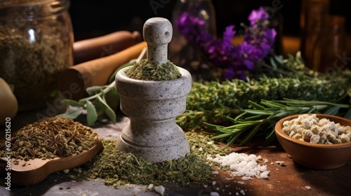 Mortar with aromatic kitchen herbs on wooden table. Generative AI © kardaska