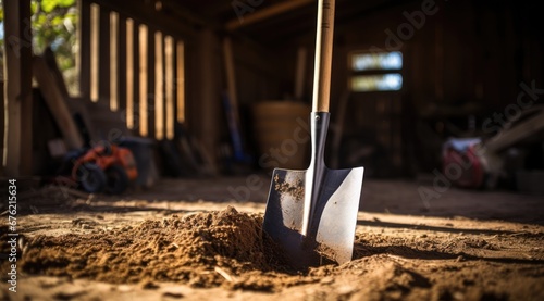 Close-up of shovel being in soil. Generative AI