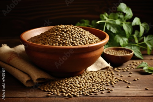 Lentils in a bowl standing on the kitchen table. Generative AI