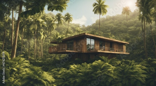 house in the woods  house in the forest  tropical forest scene  panoramic view of house in the forest