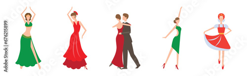 Man and Woman Dancing Performing on Stage in Different Outfit Vector Set