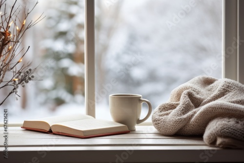 Snowy Window Sill with Hot Beverage