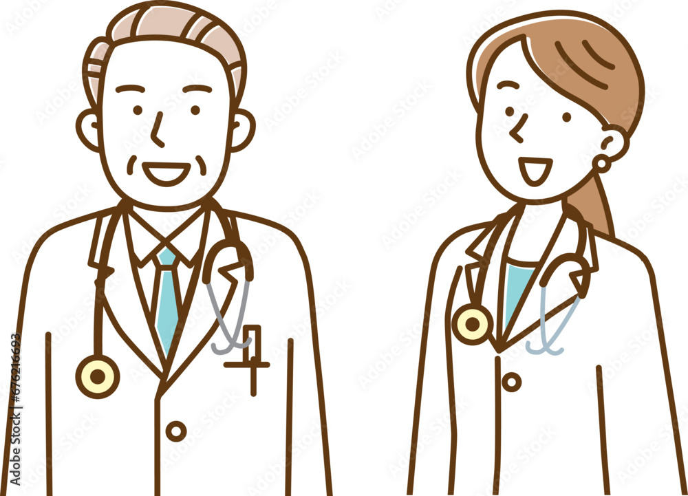白衣を着たシニア男性の医者と若い女医のイラスト