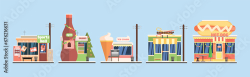 Shop Building and Market Front View Vector Set