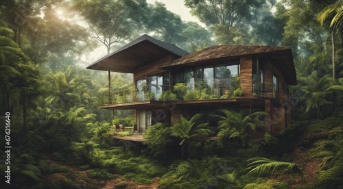 house in the woods, house in the forest, tropical forest scene, panoramic view of house in the forest © Gegham