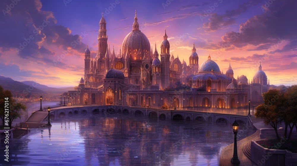 A twilight panorama, capturing the cathedral in all its grandeur against a sky painted in hues of purple and gold