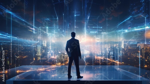 Businessman standing and looking at holographic interface and global data stream,ai generated