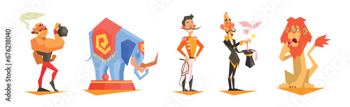 Circus Character and Tamed Animal on Show or Performance Vector Set