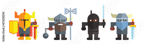 Fantasy Game Knight Character Heroes with Weapon Vector Set