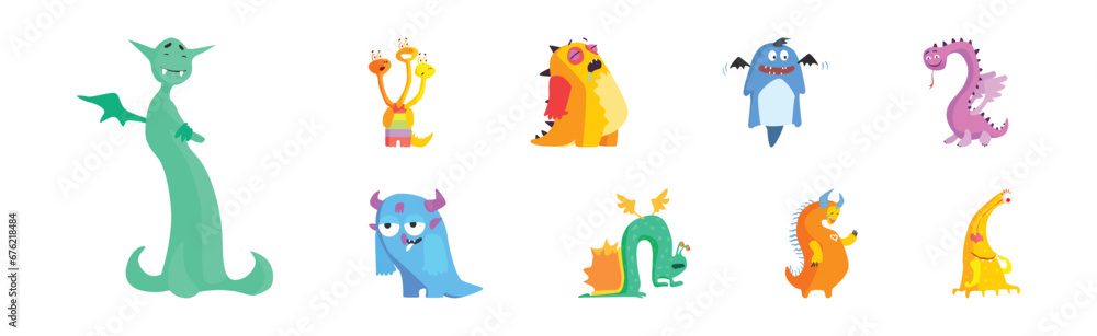 Funny Colorful Monster Character with Horns Vector Set