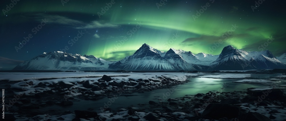 Aurora borealis in Iceland with snow covered mountains and reflection
