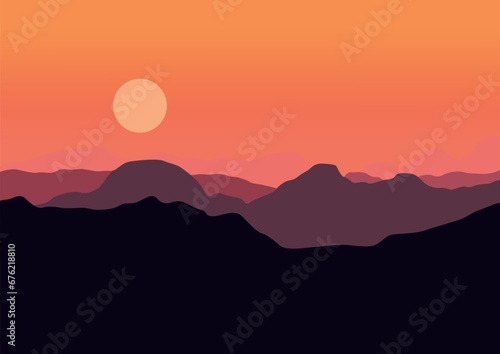 Silhouette mountain landscape in the afternoon. Vector illustration in flat style.