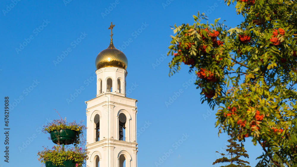 Dome of  Orthodox Church and rowan bush against blue sky.