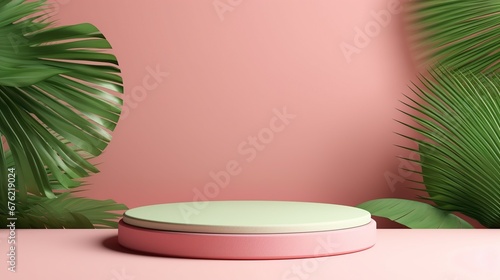 3d background products display podium scene with palm leaf summer platform.