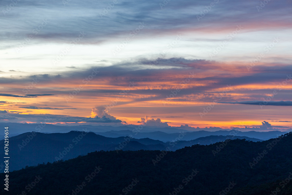 Amazing landscape view at sunset from the Doi Pui mountain near Chiang Mai, Thailand.