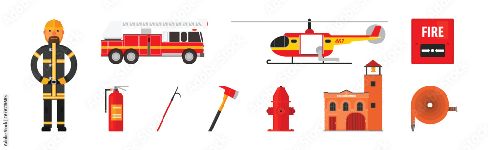 Firefighting Department with Emergency Rescue Object Vector Set