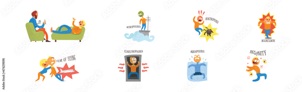 People Fear and Phobias Scared and Afraid of Different Thing Vector Set People Fear and Phobias Scared and Afraid of Different Thing Vector Set