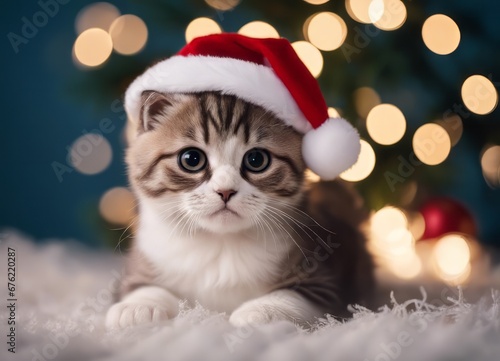 A Scottish fold kitten in a Santa Claus hat and a bow on his neck sits under the New Year's tree among New Year's gifts