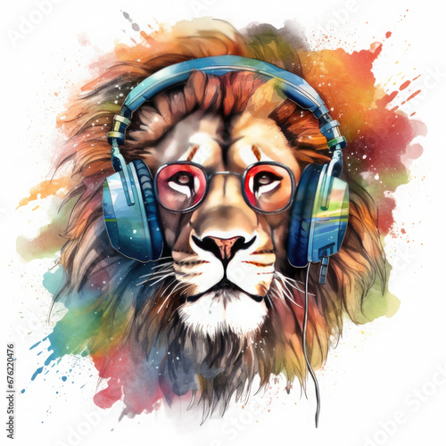 Dj lion with headphones and sunglasses Illustration, Generative Ai © Creative Artist