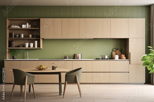 Generation AI. A sleek and modern bright kitchen with minimalist style and