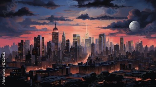 The city's skyline is an enthralling tableau of architectural magnificence, with skyscrapers rising regally, their silhouettes etched against the tapestry of twilight