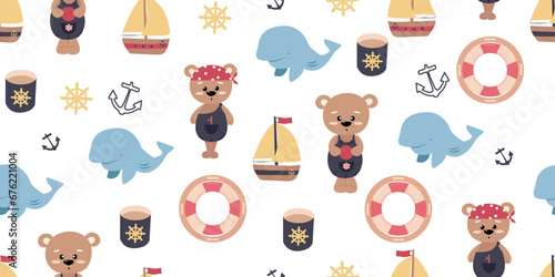 Children's pirate pattern. Perfect for printing on fabric and paper. Children's textiles and vinyl wallpaper with a pirate bear, a boat, an anchor and a whale. © Zhanna