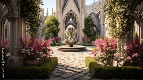 The courtyard garden, with sculpted hedges and vibrant flowers providing a serene backdrop to the towering cathedral