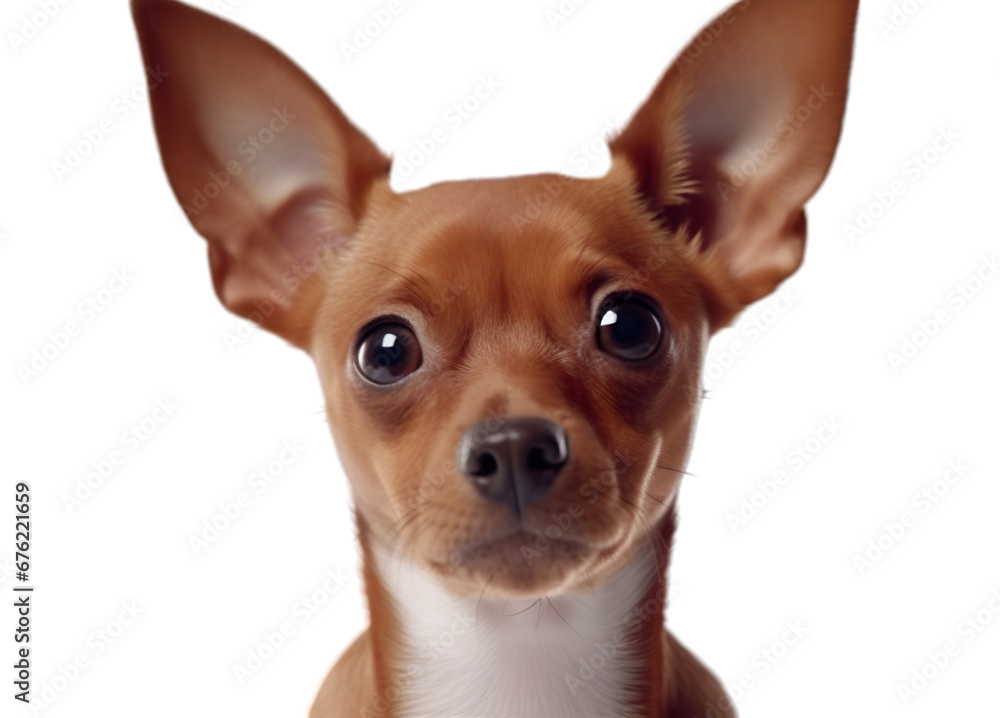 Close up an adorable brown chihuahua puppy faces to the camera, isolated on transparent background. 