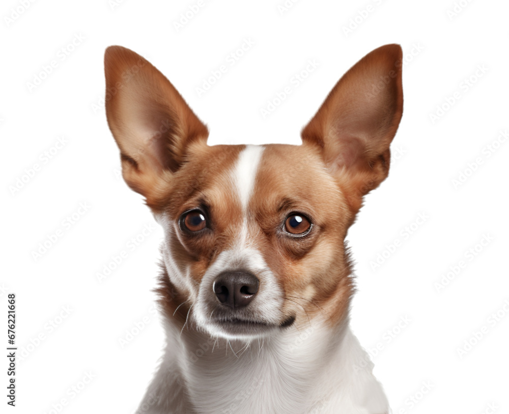 Close up an adorable brown and white chihuahua puppy looking at the camera, isolated on transparent background. 