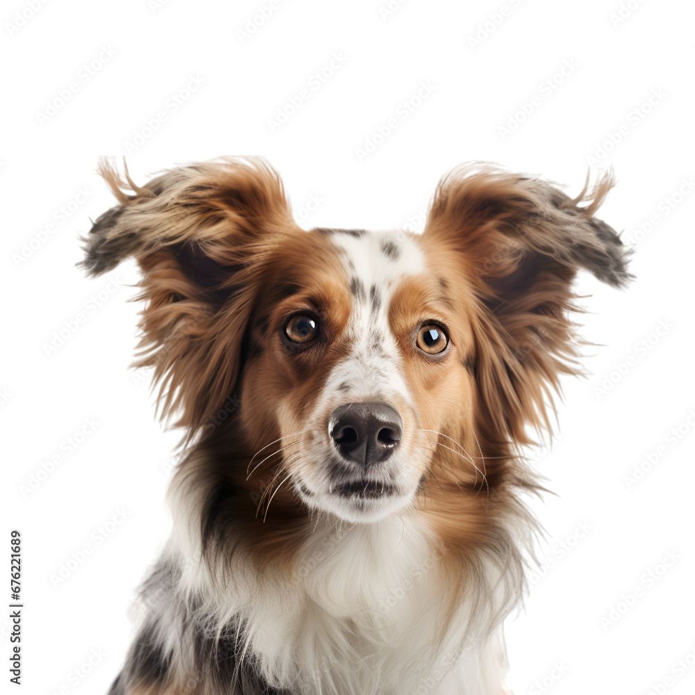 Close up shot of a lovely spotted light brown and white border collie isolated on transparent background.  